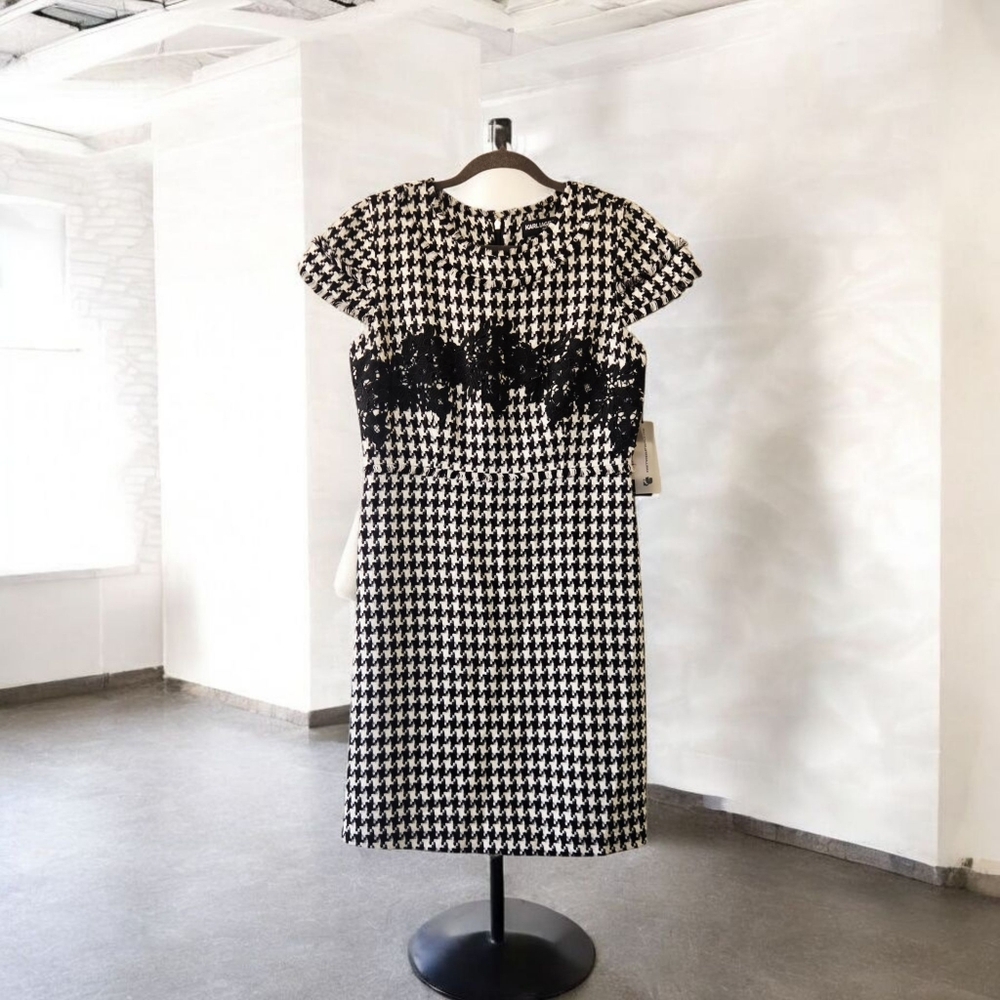 KARL LAGERFELD Paris Houndstooth Crochet Laced Short Sleeve Lined Black sz 6